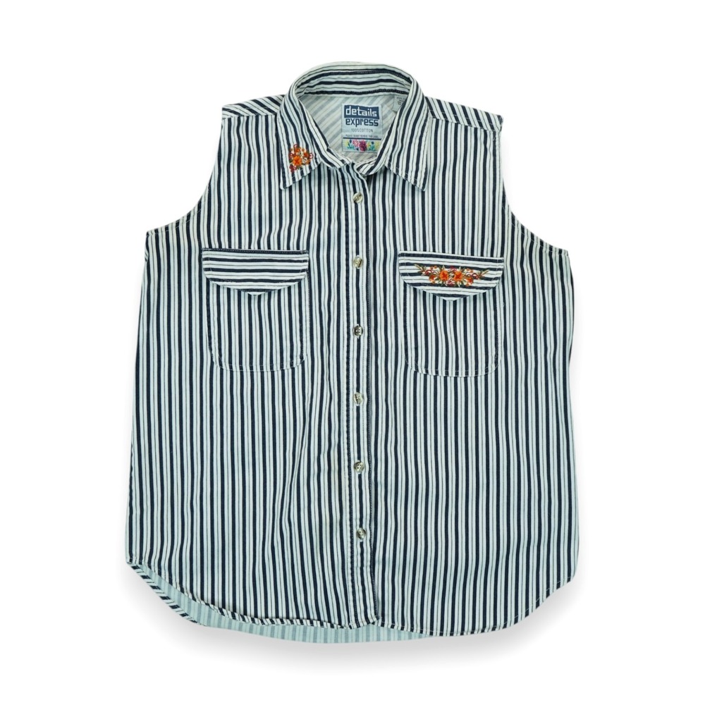 Vintage Y2K Womens Medium Striped Button Vest Colorful Retro Denim Express